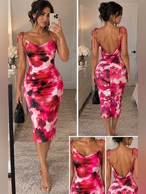 Micas Tie-Shoulder Pink & Red Floral Bodycon Dress L zz2